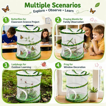 Pop-Up Collapsible Butterfly Cage with Dual Zipper Doors, 12"x12"x14" - color: Yellow and Green