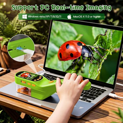 CIMELR Bug Catcher for Kids with 2.4" Screen, 500X Digital Microscope, 1080P Photo/Video, 1000mAh Battery, 8 LED, PC Real-Time Imaging, STEM Nature Toy & Gift for Boys Girls Ages 3-12 - color: Light Green