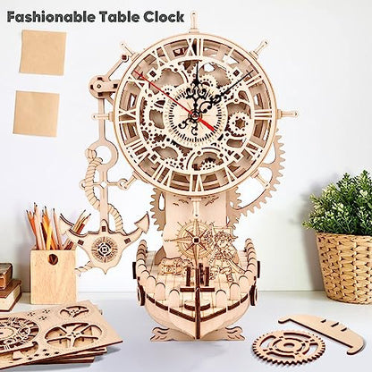 3D Wooden Puzzle Mechanical Clock – Pirate Ship DIY Model Kit for Adults & Teens, Build-Your-Own Wood Craft, Working Clock, Unique Gift & Nautical Home Decor