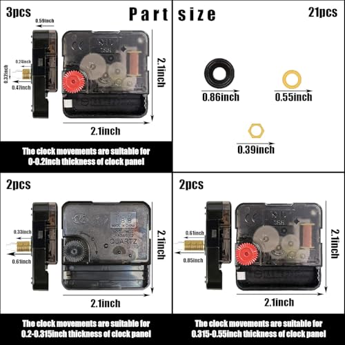 7pcs High Torque Quartz Clock Movement Mechanism Replacement Clock Kit with 10 Different Pairs of Hands Clock for DIY Handicrafts Repair Clock Parts Shaft Lengths 12mm 15.5mm 21.5mm