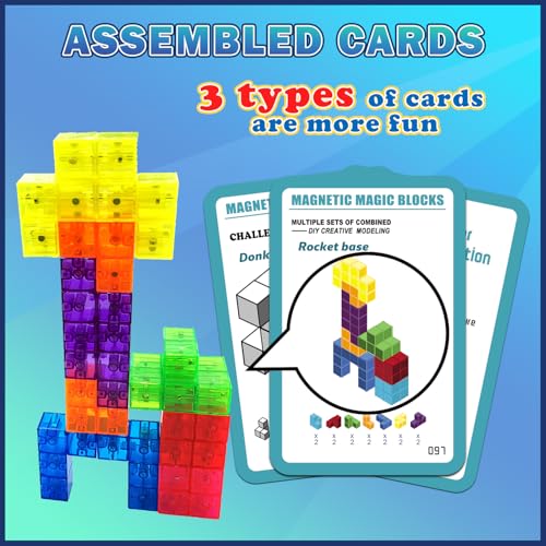 Magnetic Building Blocks, STEM Magic Magnetic 3D Puzzle Cubes, 7 Pcs Preschool Multi Shapes Magnetic Toys with 54 Cards, Montessori Sensory Autism Building Toys for Kids