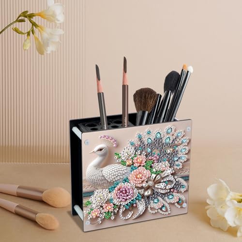 DIY 5D Acrylic Diamond Painting Pen Holder, Elegant Peacock Desk Organizer with Beads, Crystal Rhinestones Diamond Art Pencil Organizer for Home, Office & Gift - color: Peacock