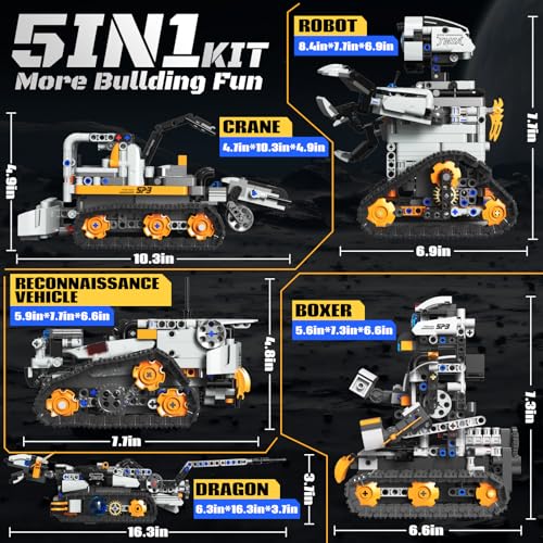 HPROMOT Robot Building Kit, APP & Remote Coding Toy Gift Boys Girls 8-16 | Birthday Gift for Boys Girls Ages 8-16 | 688 PCS 5-in-1 Robot | APP + Remote | STEM Coding | Rechargeable Battery - color: T2008