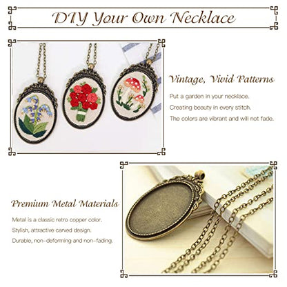 ZOCONE 3 Packs Embroidery Necklace Kit, Embroidery Pendant Kits Mini Cross Stitch Kit with Hoop, Necklace, Pendant, Beads, Stamped Pattern Cloth, Instructions, etc., Embroidery Kits for Adults - color: Gold Beads-F