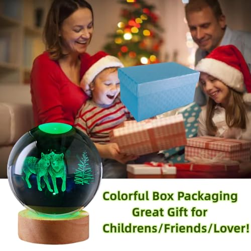 3D Wolves Crystal Ball Lamp with Remote Control, 3.15 inch Wolf Crystal Night Light with Wooden Base 16 Colors Change, Wolf Glass Figurine Lamp Gift for Girls Boys Wife Girlfriend Mom (Wolves) - color: Wolves