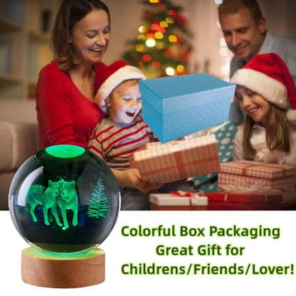3D Wolves Crystal Ball Lamp with Remote Control, 3.15 inch Wolf Crystal Night Light with Wooden Base 16 Colors Change, Wolf Glass Figurine Lamp Gift for Girls Boys Wife Girlfriend Mom (Wolves) - color: Wolves