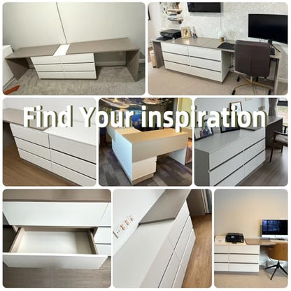 144" Extra Long L-Shaped Double Desk with 6 Dust Proof Drawers for 2 People Study Workstation, Dual Computer Desk Corner Desk for Home Office Bedroom, White Khaki, 102.36-144.26"
