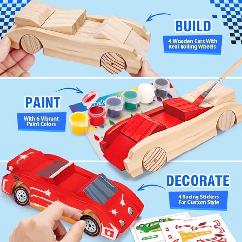 Shyling 4 Wooden Race Car Painting Kit, Arts & Crafts DIY Kit for Kids 8-12 - style: Model B
