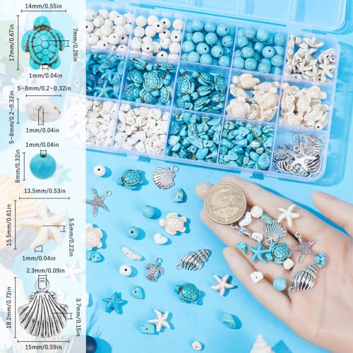 SUNNYCLUE 1 Box 217Pcs Turtle Beads Starfish Beads Boho Sea Turtle Starfish Shell Charm Bulk Summer Hawaii Ocean Charms Turquoise Loose Spacers for Jewelry Making Kits DIY Craft Supplies - color: Boho Styles Beads Kit-5