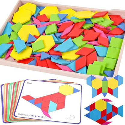 3 Otters 150Pcs Wooden Pattern Blocks Set, Geometric Tangram Shapes - size: Medium