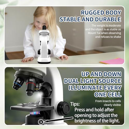 Microscope for Kids Scientific Experiment Kit 40X-1600X Magnification LED Light Educational STEM with Slides and Lab Tools Ages 6-12 (White) - color: White
