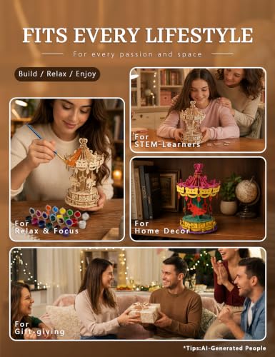 BOOZUU Paintable 3D Wooden Carousel Puzzle for Adults