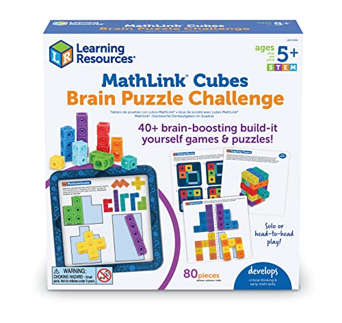 Learning Resources MathLink Cubes Brain Puzzle Challenge, 80 Pieces, Ages 5+, Classroom Must Haves, Preschool Activities, Teacher School Supplies, Math Manipulatives - style: Puzzle Challenge