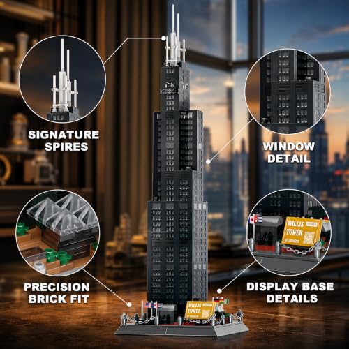 Willis Tower Chicago Architecture Building Block Set 1235 Pcs Famous City Skyline Landmark Model Kit Tall Skyscraper Construction Toy for Adults & Teens Home Office Desk Decor Display Gift - style: Chicago Willis Tower