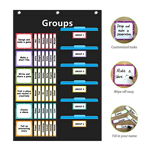 REGELETO Small Group Management Pocket Chart with 96 Cards Classroom Jobs Chart Small Group Organizer and on Task for School Teacher Homeschool Learning Supplies (Black) - size: 48-Pockets