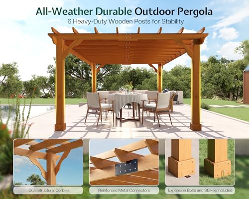 Jocisland 12x16 FT Premium Cedar Wood Pergola with Trellis Roof & Stakes - size: 12x16 FT