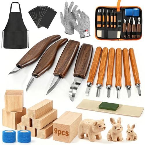 39 Pcs DIY Wood Carving Kit, 9 Basswood Blocks Carving Knives Storage Bag - color: Dark Brown-m