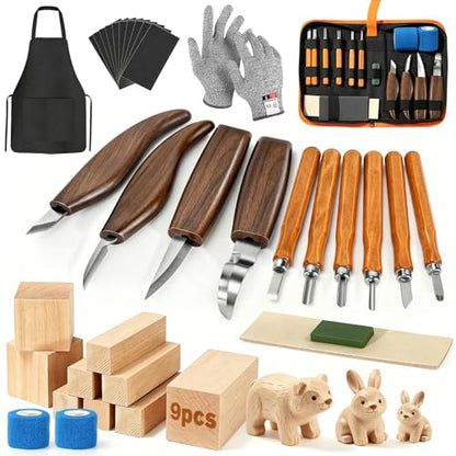 39 Pcs DIY Wood Carving Kit, 9 Basswood Blocks Carving Knives Storage Bag - color: Dark Brown-m