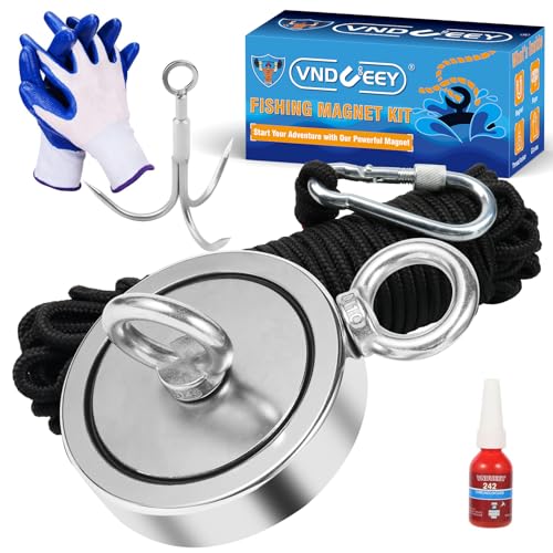 VNDUEEY 1725LBS Magnet Fishing Kit, 3.7" Double Hole Fishing Magnet Kit with Rope, Strong Magnets for Retrieving in River Lake Beach and Lawn, Includes 65Ft Rope, Carabiner, Gloves, Grappling Hook - size: 3.7" 1725LBS, style: Double Hole Kit