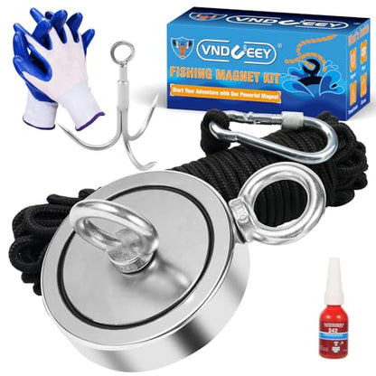 VNDUEEY 1725LBS Magnet Fishing Kit, 3.7" Double Hole Fishing Magnet Kit with Rope, Strong Magnets for Retrieving in River Lake Beach and Lawn, Includes 65Ft Rope, Carabiner, Gloves, Grappling Hook - size: 3.7" 1725LBS, style: Double Hole Kit