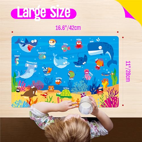 6 Pack Placemats for Kids, Non-Slip Washable Dining Mats, Reusable Jungle, Underwater World, Farm, Dinosaur, Vehicle & Magic World Table Mats for Home, Kindergarten, Classroom, Nursery - style: Animal World
