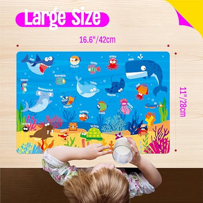6 Pack Placemats for Kids, Non-Slip Washable Dining Mats, Reusable Jungle, Underwater World, Farm, Dinosaur, Vehicle & Magic World Table Mats for Home, Kindergarten, Classroom, Nursery - style: Animal World