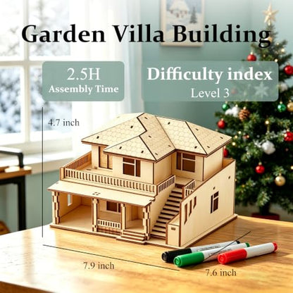 3D Wooden Puzzle for Adults, DIY Miniature Garden Villa Building Two Layer - color: Garden Wood Color 02
