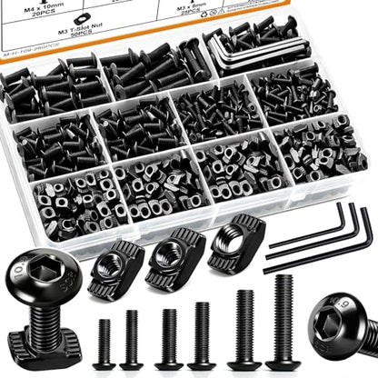 mankk 260PCS M3 M4 M5 T-Nuts Screws Assortment Kit 10.9 Grade Alloy Steel Metric Hex Button Head Cap Screws for 2020/3030/4040 Series Aluminum Extrusion,M-LOK System,3D Printing - size: M3/M4/M5 Kit