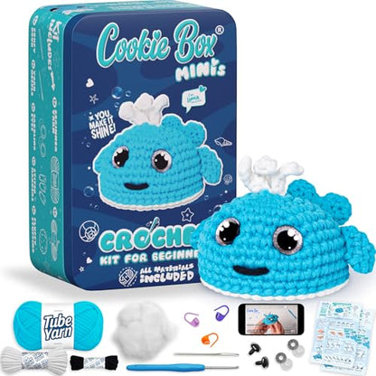 Cookie Box Crochet Kit for Beginners, Whale Luna - color: Blue and White