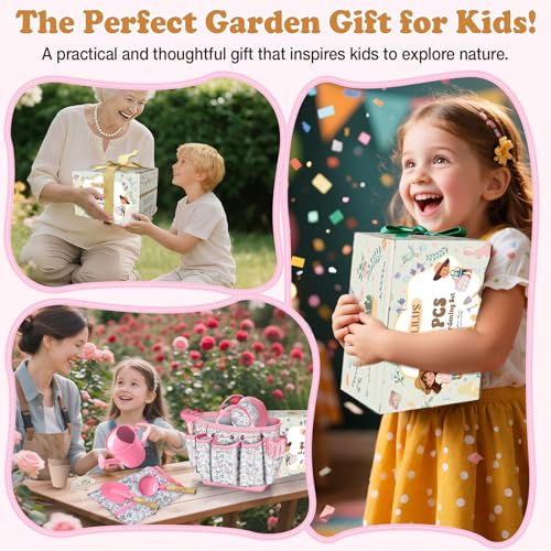 Kids Gardening Tool Set 18PCS Outdoor Toys Tote Bag Watering Can Apron Pink - color: Pink