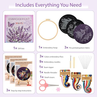 Uniartfy 3 Sets Hand Embroidery Starter Kits for Beginners Adults, Goldfish Stamped Cross Stitch Kit, DIY Needlepoint Kit with Cloth, Hoop,Threads and Instruction, Easy to Learn Embroidery Starter Kit - color: Embroidery Kit-N