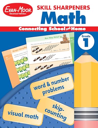 Evan-Moor Skill Sharpeners Math Workbook, Grade 1, Addition, Subtraction, Counting to 100, Test Prep, Number Words, Geometry, Measurements, Data, Place Value, Tell Time, Metric System, Fun Activities