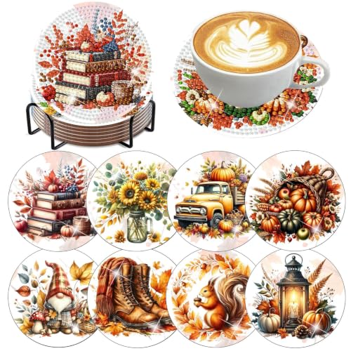 8 PCS Autumn Diamond Art Coasters Kit for Adults,Diamond Painting Coasters - color: Autumn