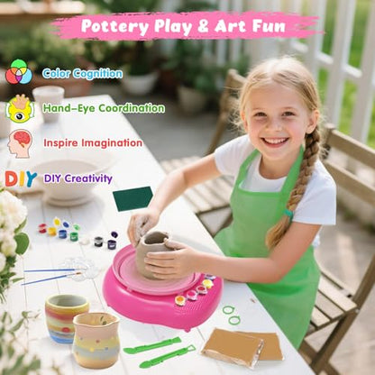 Pottery Wheel for Kids with Air Dry Clay Kit, 12 Paints & Tools, Ages 6-12 - color: rose