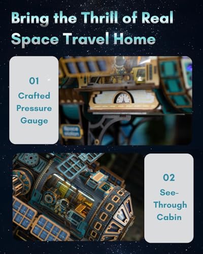 Celestigon Station Self-Running Motorized DIY Miniature House Kit w/LED Light – Interstellar Space Station Dollhouse Kit – Wood 3D Puzzles Tiny House Book Nook for Christmas Birthday Gifts