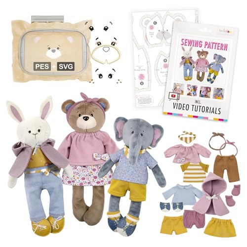 kullaloo Dress Me Bestie - Stuffed Animal Sewing Patterns for Bunny, Bear & Elephant Kids Companions with Removable Outfits | Paper Pattern, QR Video Tutorials, PES & SVG Files | Designed in Canada - color: Dress Me Besties Bear, Bunny & Elephant with Clo