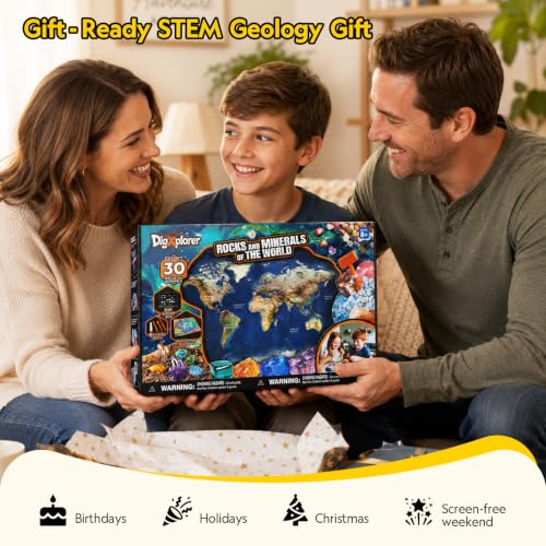 CubicFun World Map Gemstone Dig Kit for Kids 8-12, 30 Rocks & Minerals
