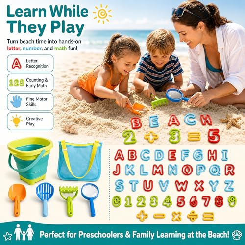 47pc Collapsible Beach Toys for Toddlers Kids ，Educational Sand Toys with Letter & Number Molds, Collapsible Bucket, Magnifying Glass, Mesh Bag -Travel Sandbox Toys for Boys Girls Age 3-10