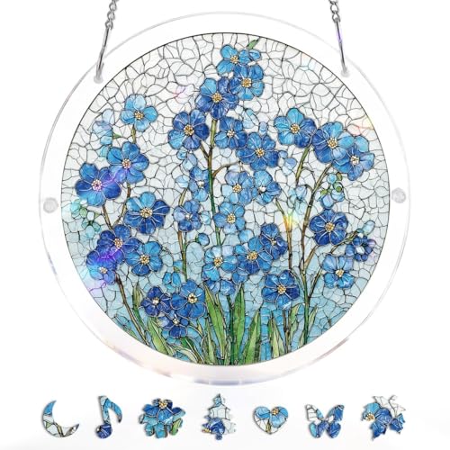 Acrylic Jigsaw Puzzle Suncatcher - Blue Blooms - color: Blue Blooms, size: S-7.4in*7.4in