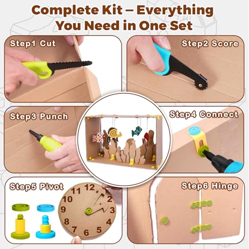 Cardboard Construction Kit - 401 PCS Kids Building Set with Safe Serrated Cutter, Crease Roller, Screws & Nuts, STEM Upcycled Tool for DIY Cardboard Projects, Engineering & Creativity