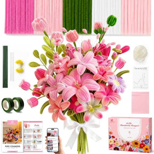 HHSarioneiro 550 Pcs Pipe Cleaner Flower Kit, Pink Complete DIY Flower Bouquet Making Kit, 5 Beautiful Colors, 15 Flower Designs with Step-by-Step Video Tutorials, for Teen Girls and Craft Lovers - color: Pink