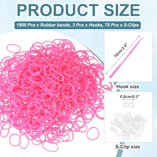 MECCANIXITY 1800 Pcs Loom Rubber Bands Kit with 75 Pcs S-Clips 3-Hooks Rubber Bands Refill Bracelet Making Kits for Weaving DIY Handcrafts Gift, Bright Pink - color: Bright Pink