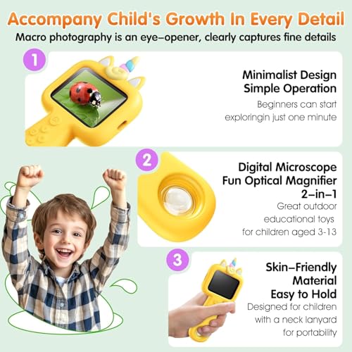 Kids Microscope, 2.4" Screen 600X Handheld Digital Microscope for Kids - color: yellow