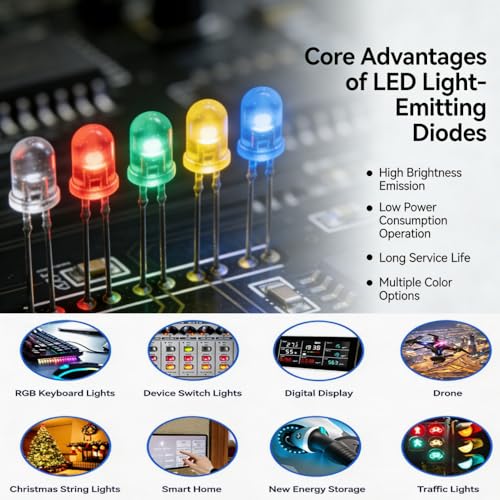 LED Kit 5MM LED Diodes, 1000 Pieces in 5 Colors: White, Red, Yellow, Green, Blue, 2-Pin Circular, Suitable for Christmas Light Replacement and Science Projects - size: 5mm Round Top