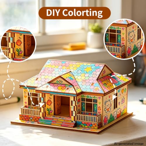 3D Wooden Puzzle House,DIY Beginner Villa Model Kit,3D Paintable Puzzle - color: Original Wood Color--one Layer
