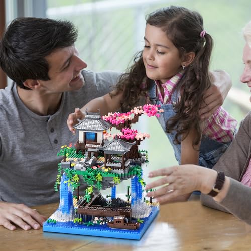 Cherry Blossom Treehouse Micro Mini Building Block Sets with Acrylic Display Box Japanese Bonsai Tree Peach Blossom Pool Architecture Building Model Toy Gift for Adults 2500 Pieces - color: Brown02