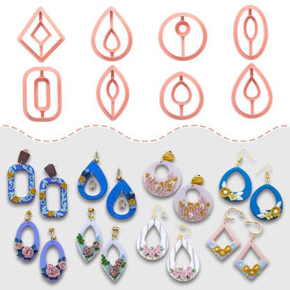 GOTO CLAY TOOLS 8 Pcs Polymer Clay Cutters for Jewelry Making, 38mm Geometric Clay Earring Cutters Set, Hollow Teardrop, Diamond, Marquise, Round Hoop Clay Molds for DIY Craft Dangle Earrings- CTCMB-5
