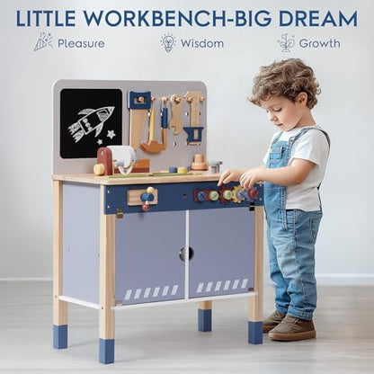 ROBOTIME Kids Wooden Tool Bench Set Large Storage Space Gift for Age 3+