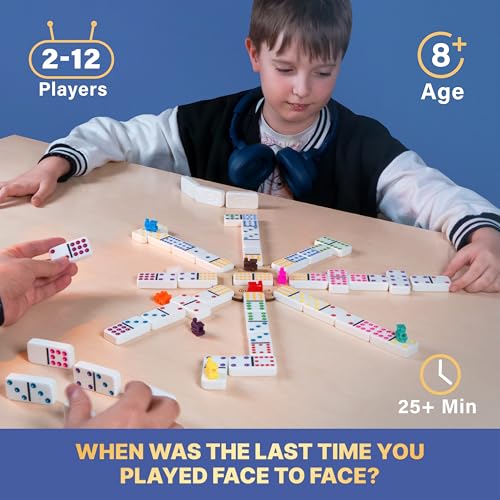 Queensell Mexican Train Dominoes Set with Jumbo Tiles – Double 12 Dominoes Set for Adults, 91 Tiles with Colorful Dots, Wooden Hub, Train & Aluminum Case - size: D12 Jumbo