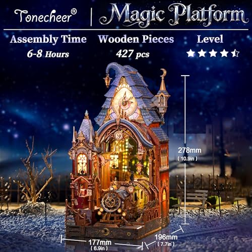 Tonecheer Book Nook Kit - Magic Platform, 3D Wooden Puzzle for Adults, Magical DIY Miniature Building Kit with LED Lights, Endless Mirror Effect Decorative Bookend Craft for Home Shelf Decor Gift